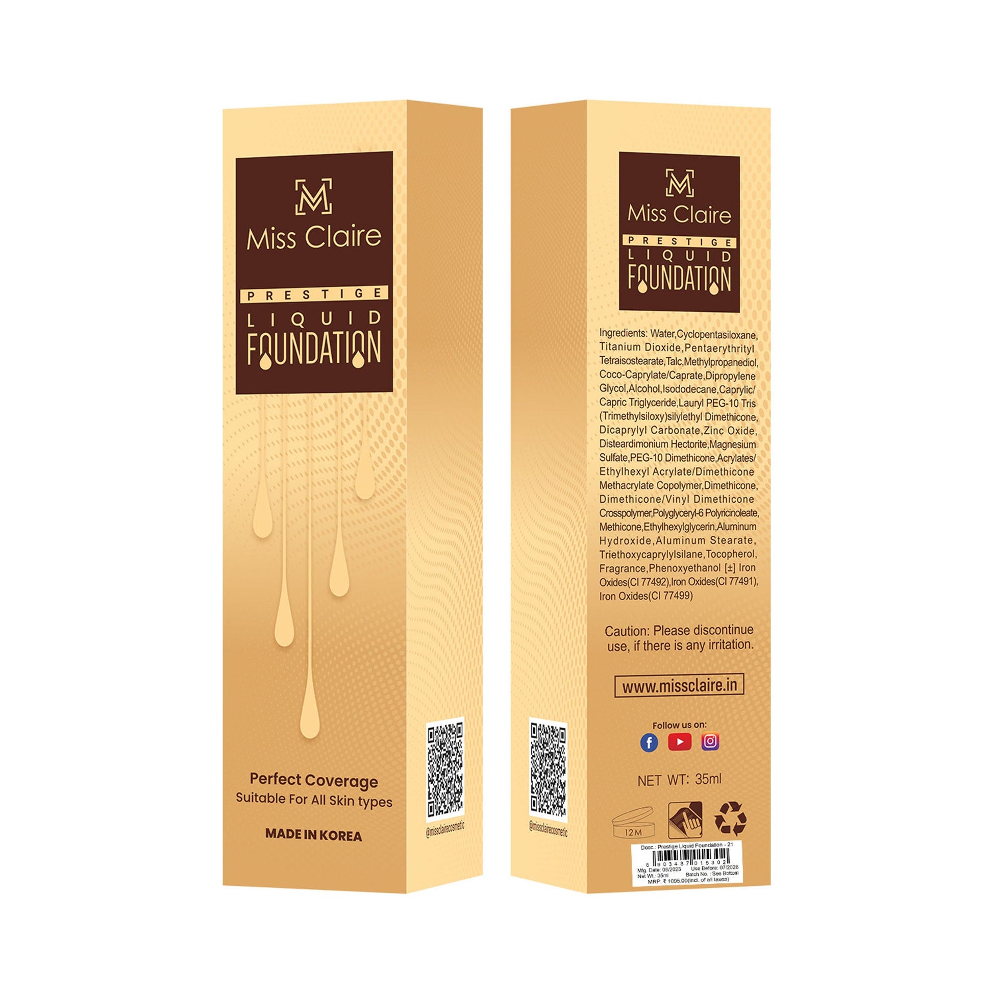Miss Claire Prestige Liquid Foundation Perfect Coverage - 21 Natural Beige