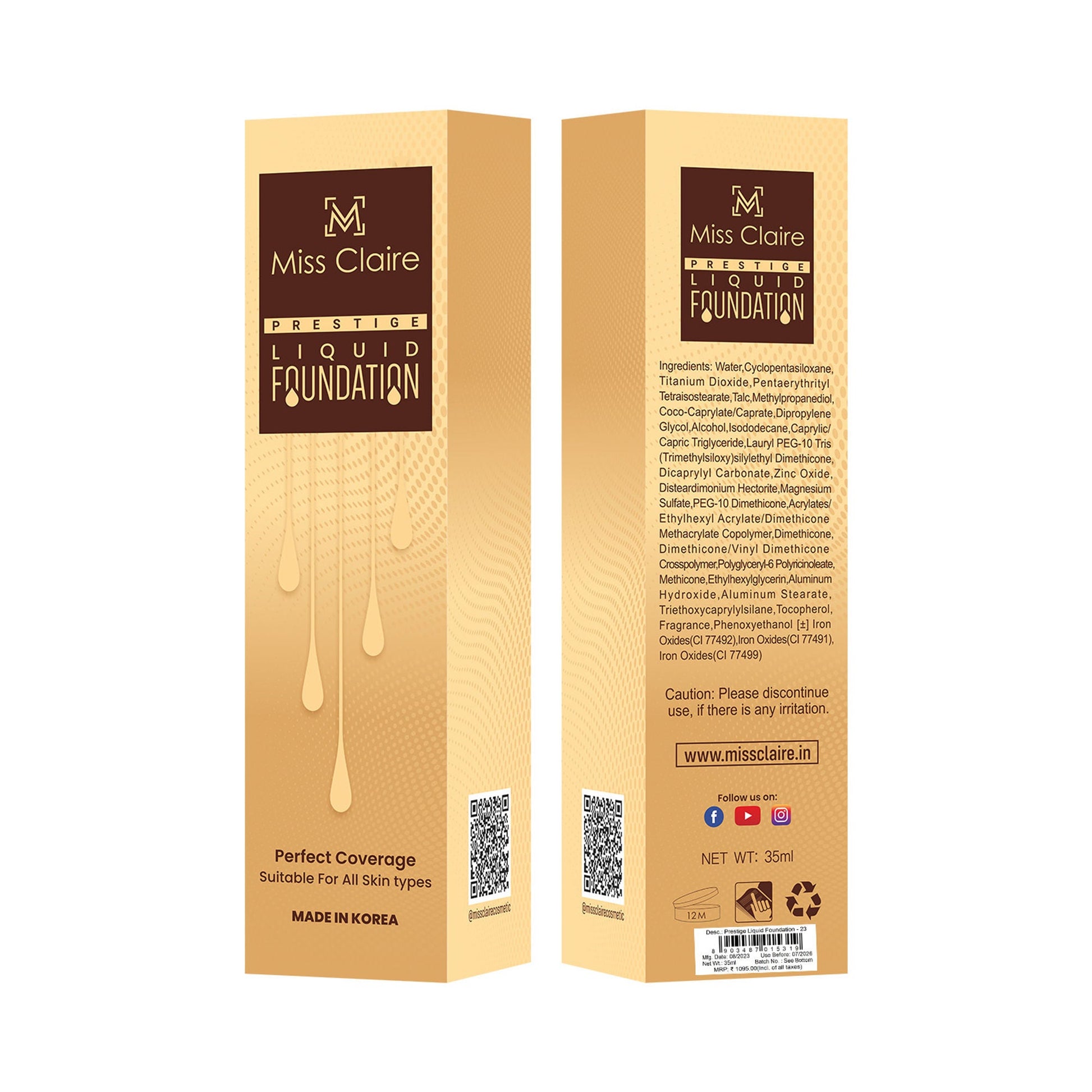 Miss Claire Prestige Liquid Foundation Perfect Coverage - 23 Skin Beige
