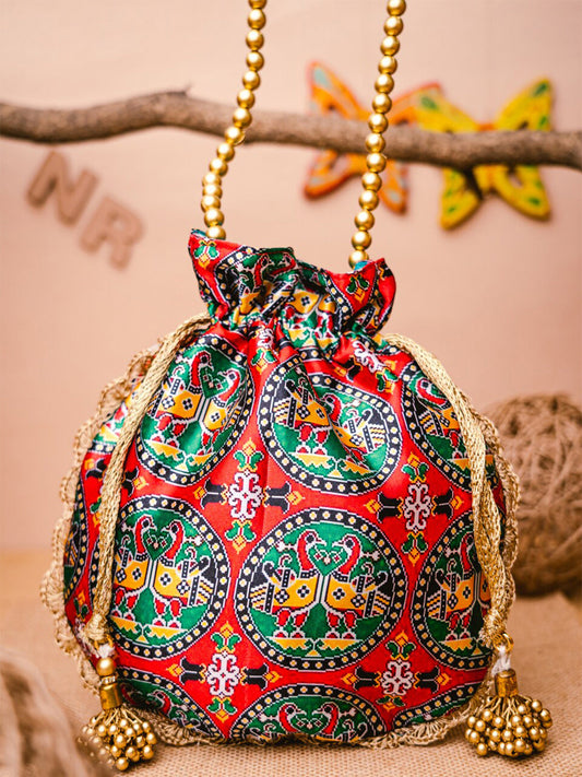 NR By Nidhi Rathi Red & Green Printed Potli Clutch - Grab2buy