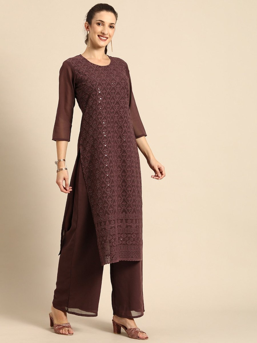 All About You Women Brown Ethnic Motifs Embroidered Regular Chikankari Kurta with Palazzos 