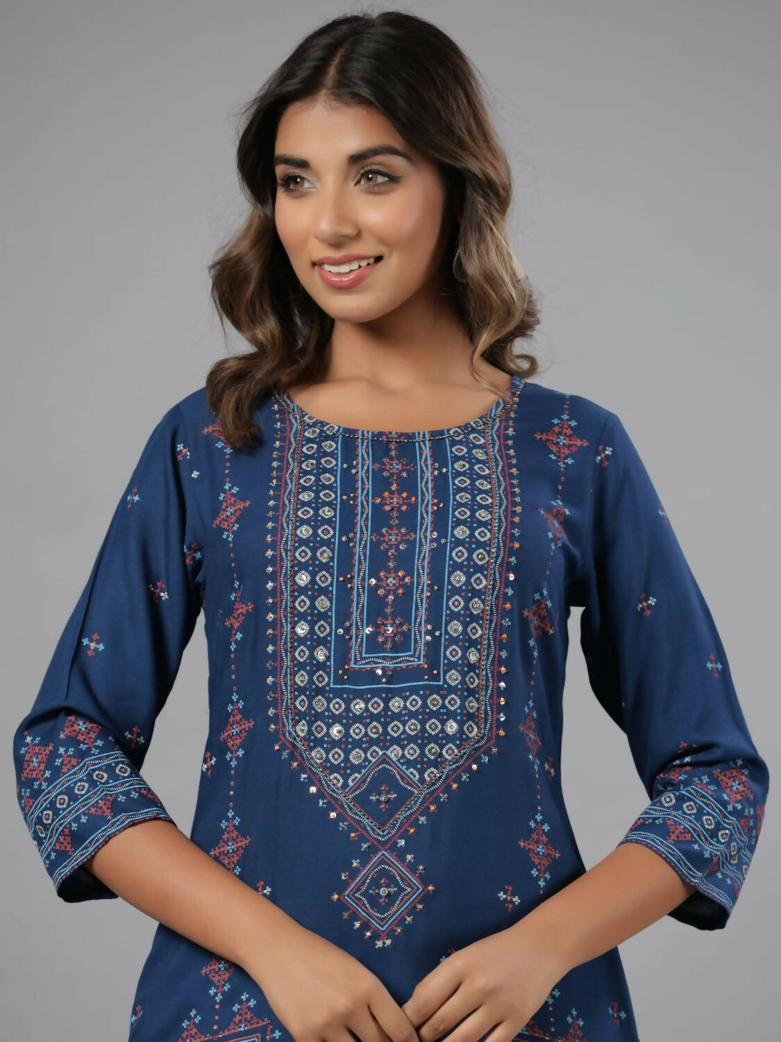 Juniper Women Navy Blue Printed Straight Kurta