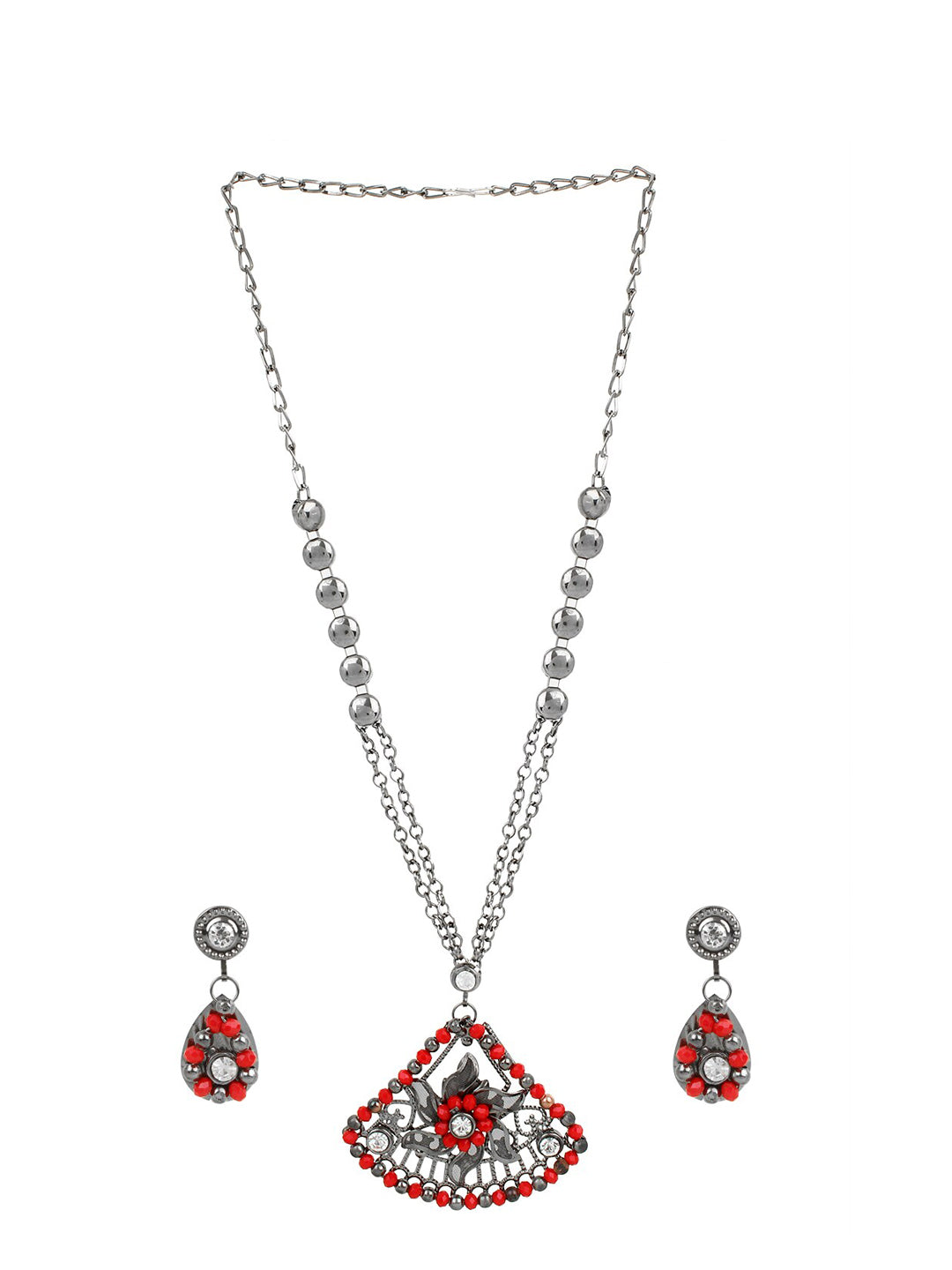 Cardinal Women Oxidised Silver-Plated Red Stone Studded & Beaded Jewellery Set - Grab2buy