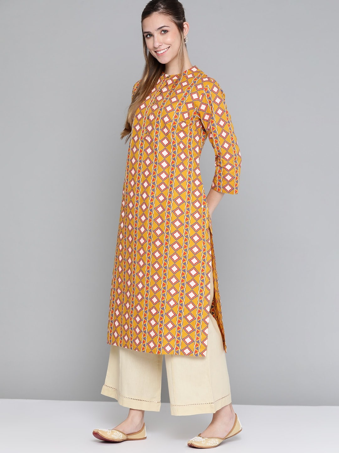 HERE&NOW Women Mustard Yellow & Cream Pure Cotton Geometric Printed Kurta