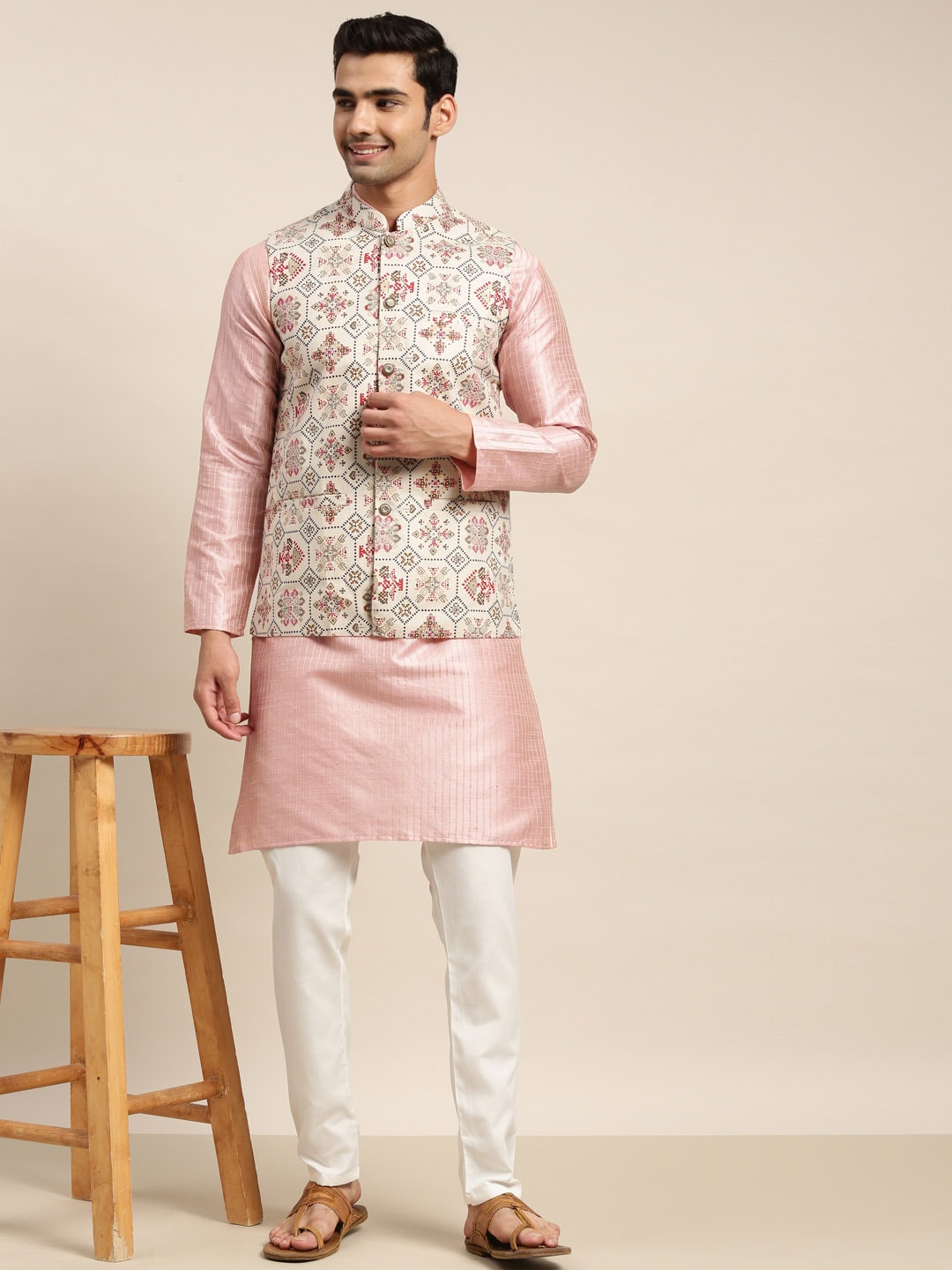 Sojanya Men Pink Solid Kurta & Churidar Comes With a Nehru Jacket 
