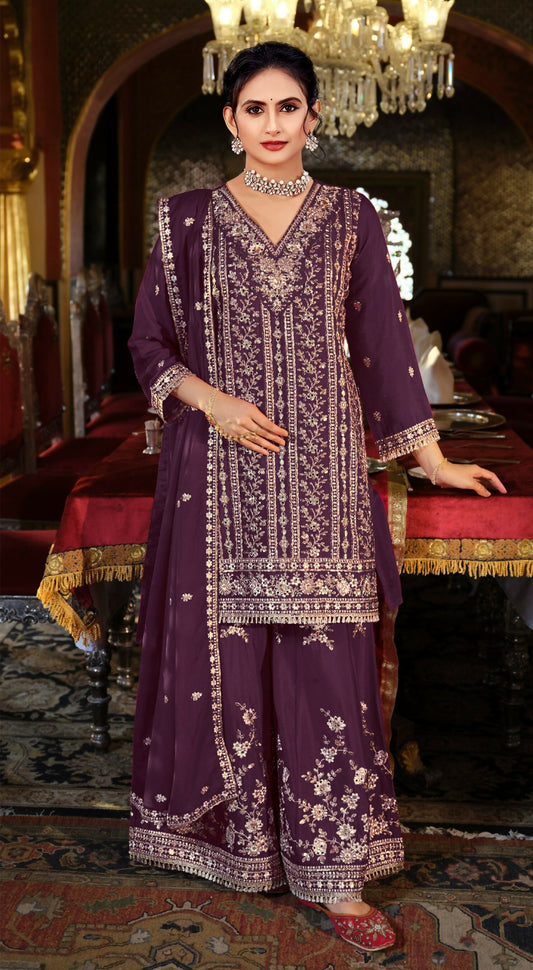 Anaita Maroon Chinon Stitched Suit with Embroidery Coding Sequence Work