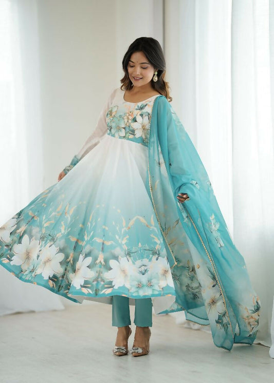 Joban Fashion Aqua Blue Kurta Set Organza Sequin Embroidery Work 