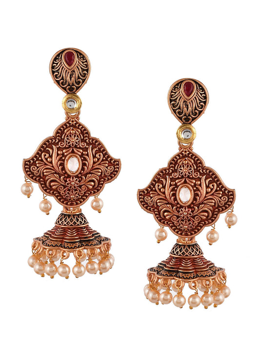 Shoshaa Maroon & Gold-Toned Contemporary Jhumkas Earrings - Grab2buy