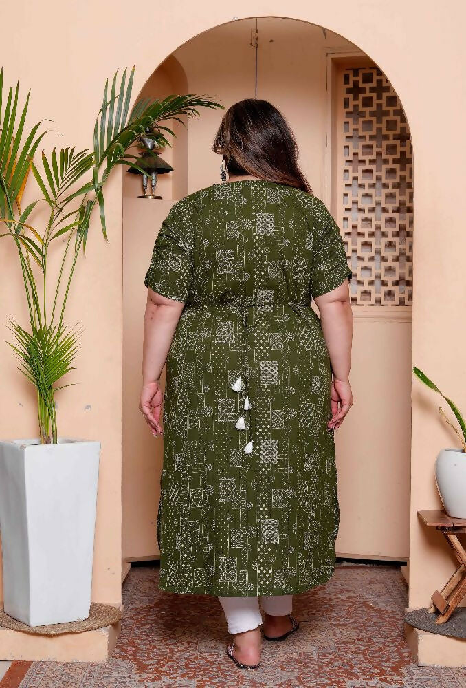 Miravan Womens Plus Size Pure Cotton Floral Printed Green Button Down A-Line Midi Dress