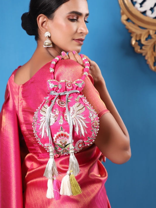 Masq Magenta & White Embroidered Potli Clutch - Grab2buy