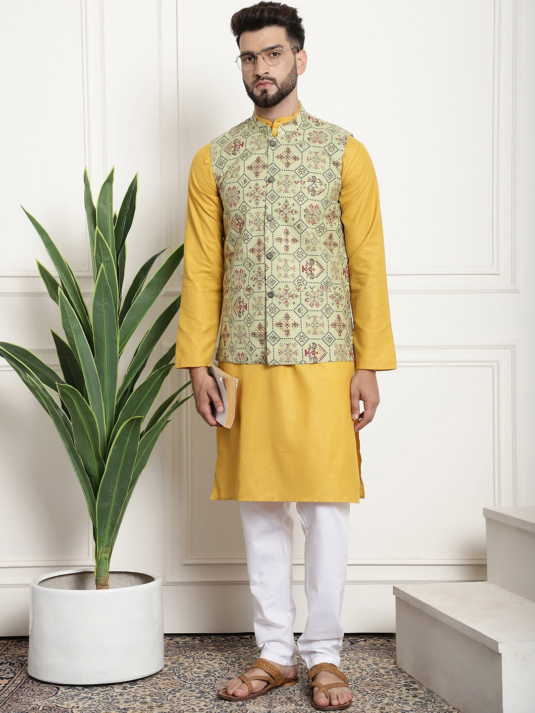 Sojanya Men Mustard Yellow Pure Cotton Kurta with Churidar & Nehru Jacket 