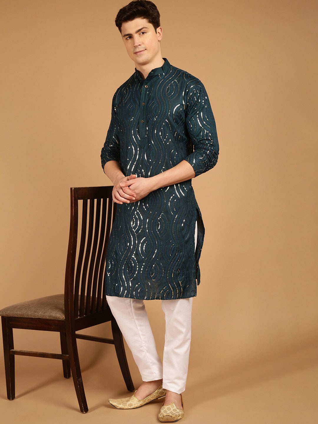Sojanya Ethnic Motif Embroidered Band Collar Sequinned Pure Cotton Kurta 