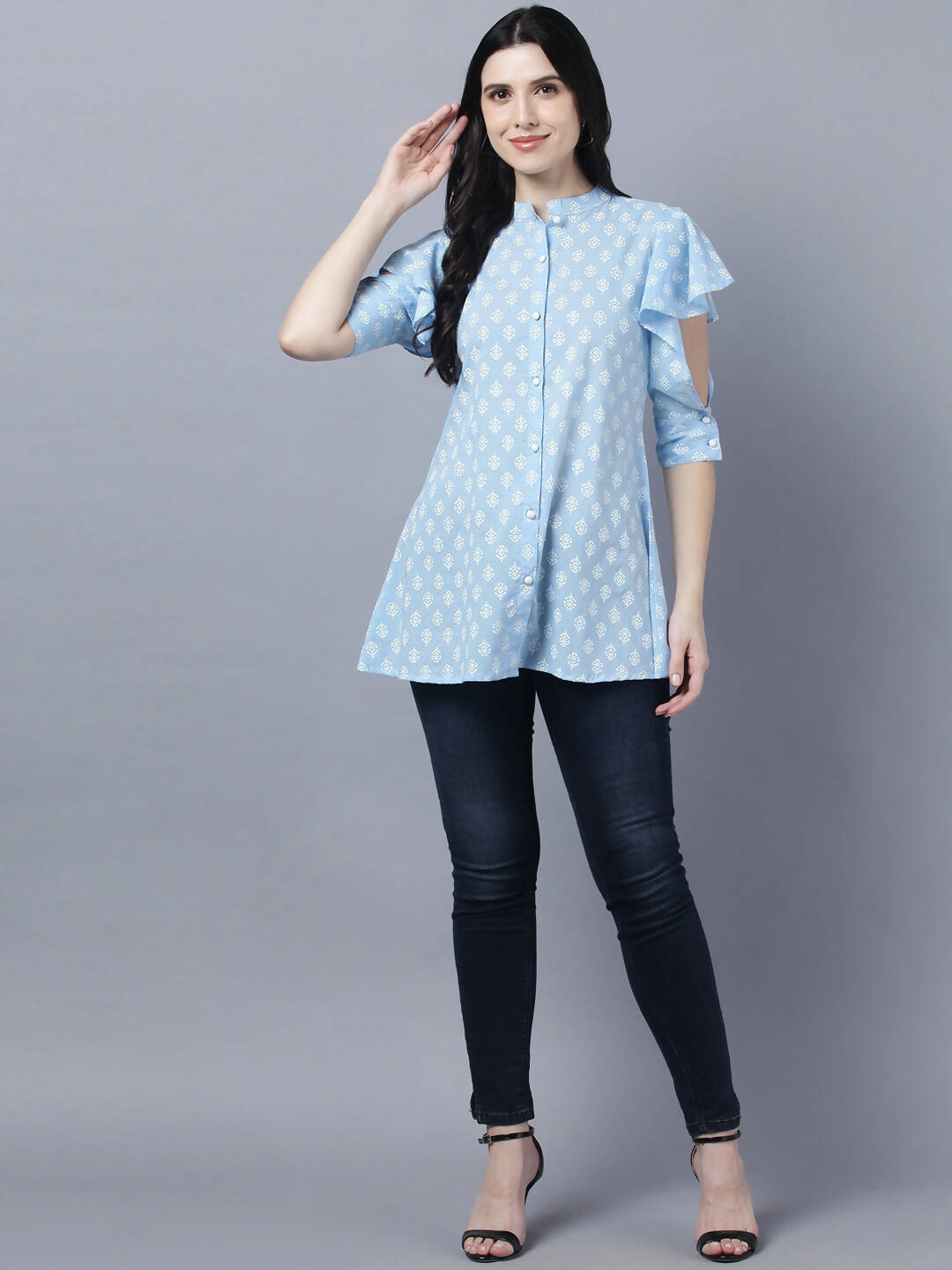Myshka Stylish Blue Cotton Half Sleeve Women's Top