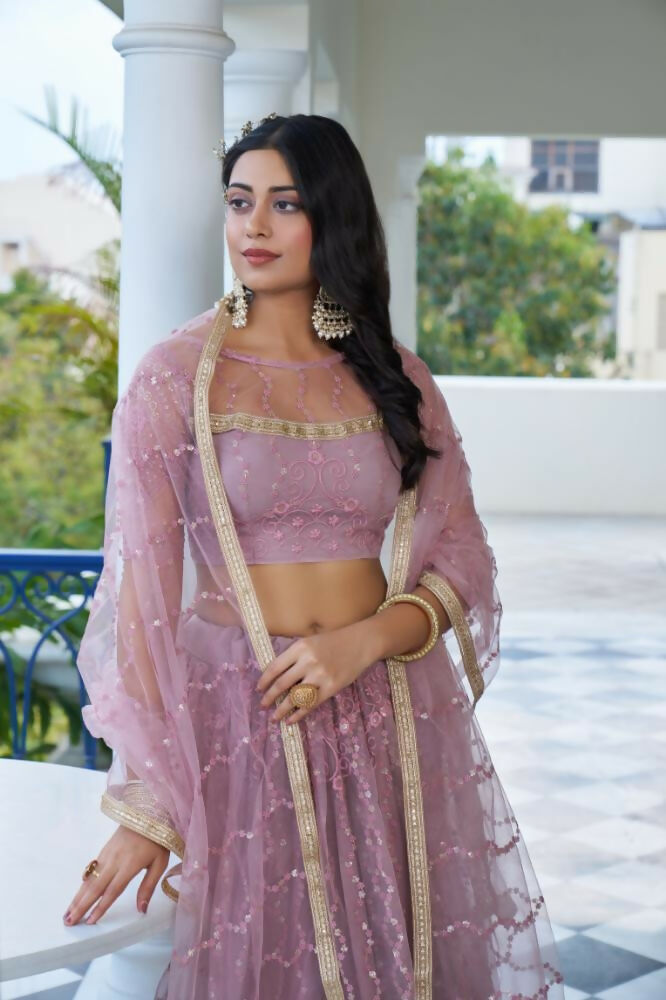 Aastha Fashion Dusty Pink Butterfly Net Tone To Tone Cotton Thread Work And Sequence Work Embroidery Wedding Wear Lehenga Choli
