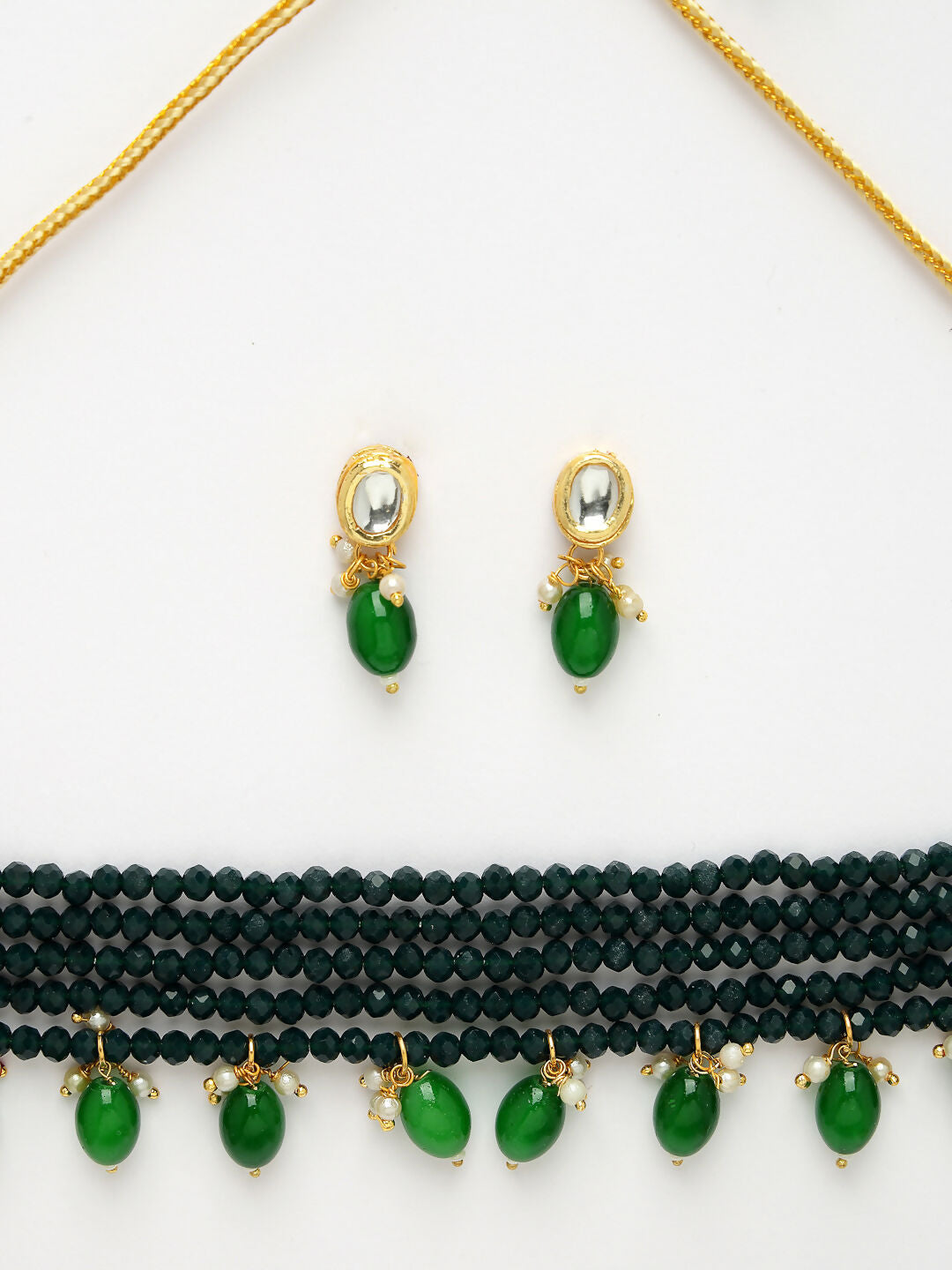 NVR Women's Green Artificial Beads Layered Necklace with Drop Earring NR Retail-NVR