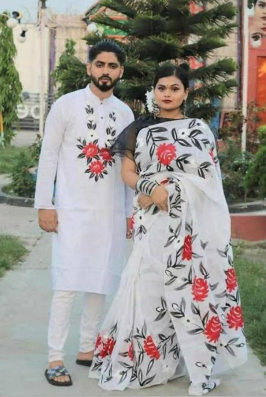 Exclusive Collection Elegant Hand Printing Designe On Pure Cotton Grab2Buy And Men's Kurta - White 
