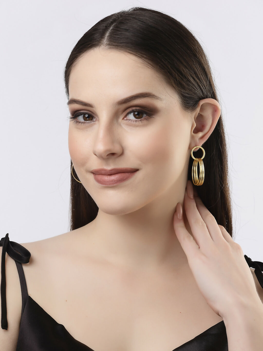 NVR Women Golden Linked Round Circle Attached Drop Earrings - Grab2buy