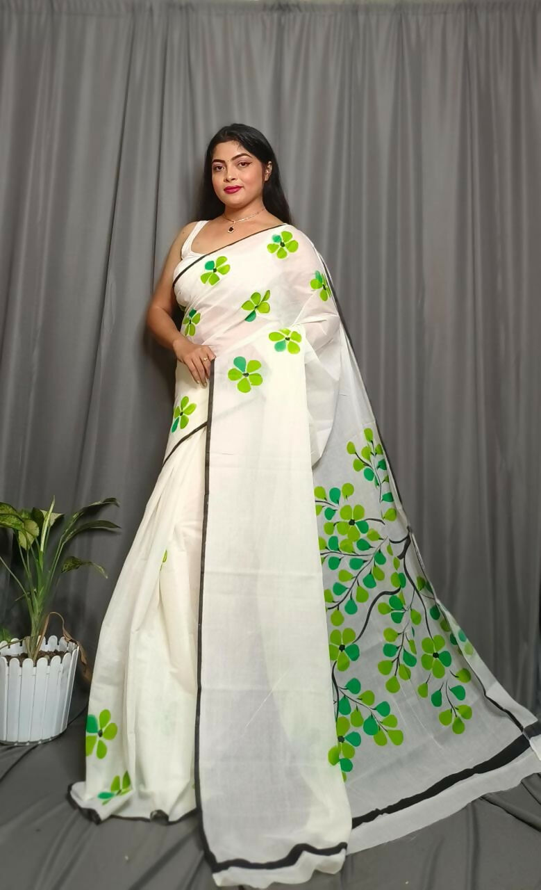 Exclusive Collection Beautiful White Light Green Pure Cotton Hand Print Handloom Grab2Buy With Running Blouse Piece 