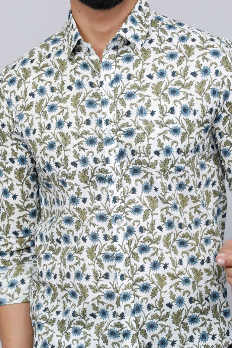 Miravan Men's White & Blue Floral Print Cotton Regular Fit Shirt 