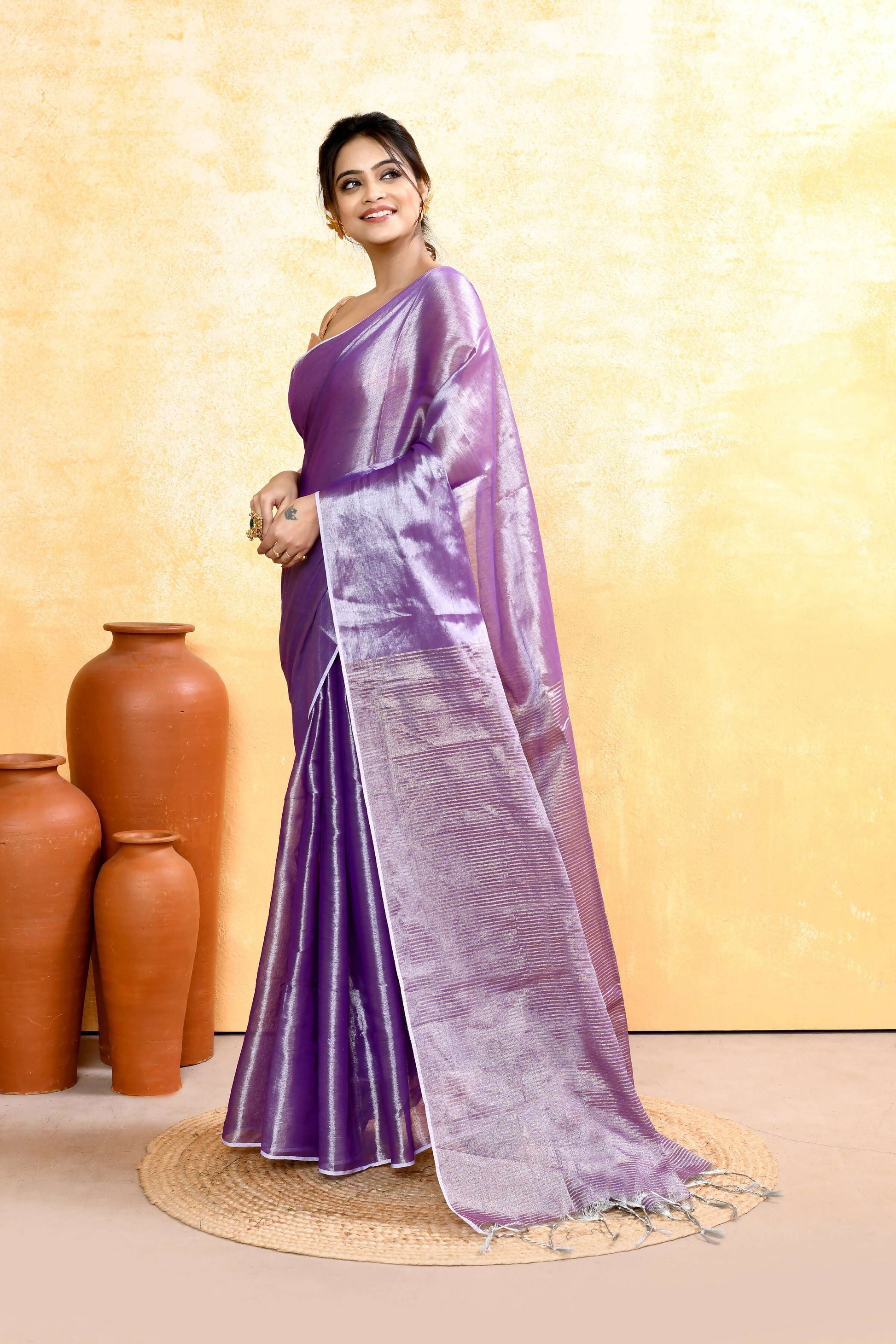 Piyari Fashion Women's Lavender Dual Tone Organic Tissue Saree With Blouse Piece