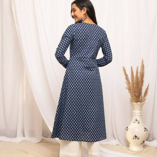 FIORRA Women's Floral Printed Navy Blue Cotton A-Line Kurta 