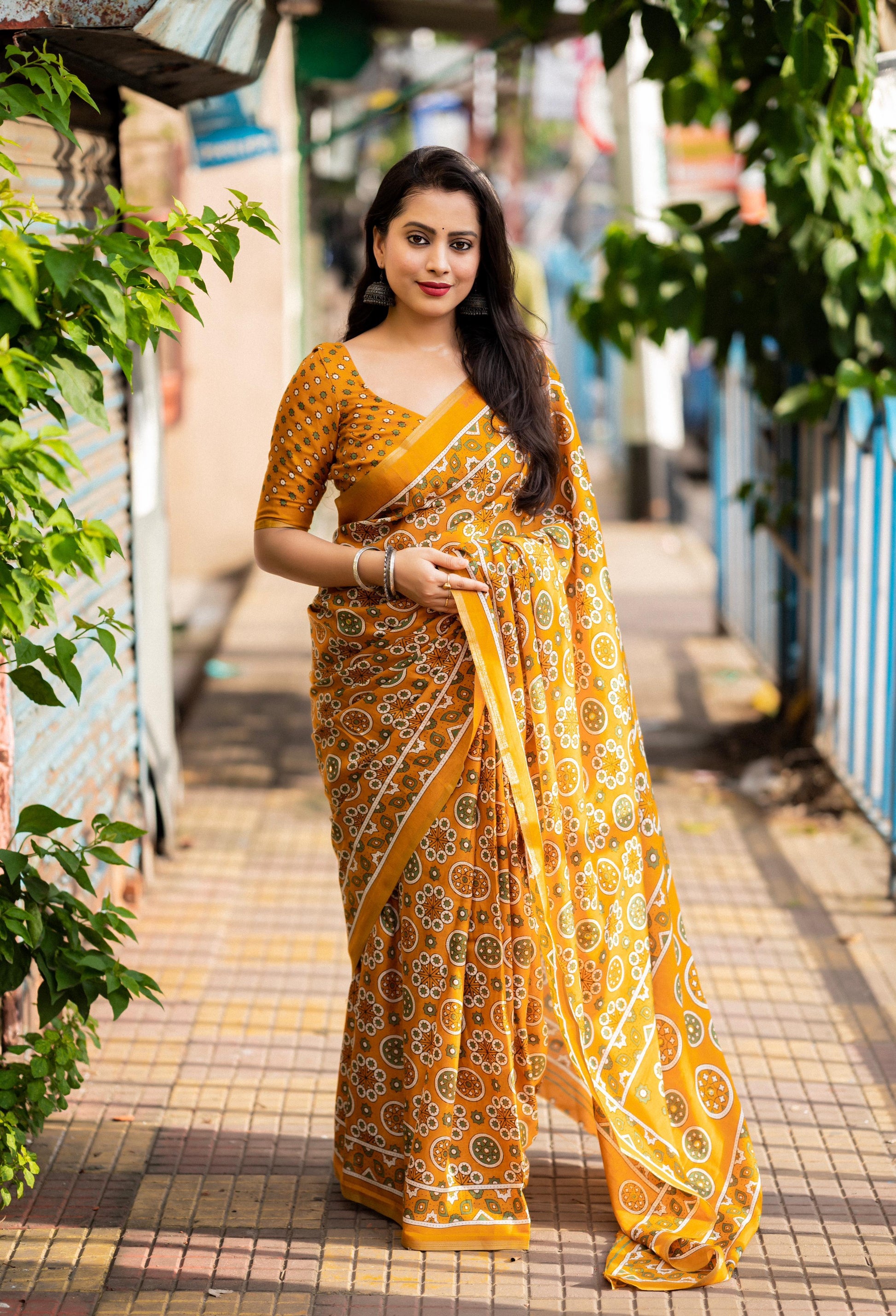 Mustard Cotton Blend Ajrak Saree with Unstitched Blouse - A2M