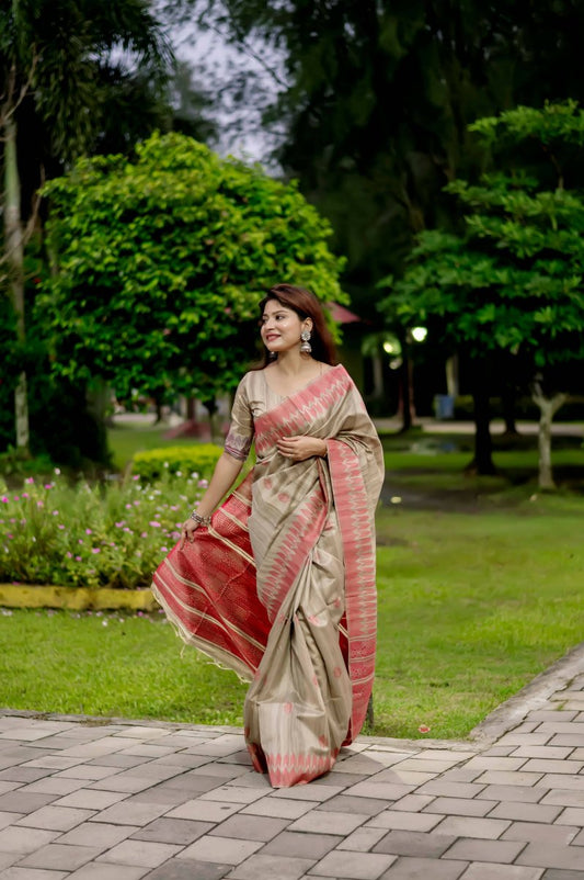 Aastha Fashion Red Thread Woven Handloom Tussar Silk Saree with Blouse - Grab2buy