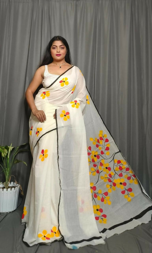 Exclusive Collection Beautiful White Yellow Pure Cotton Hand Print Handloom Grab2Buy With Running Blouse Piece 