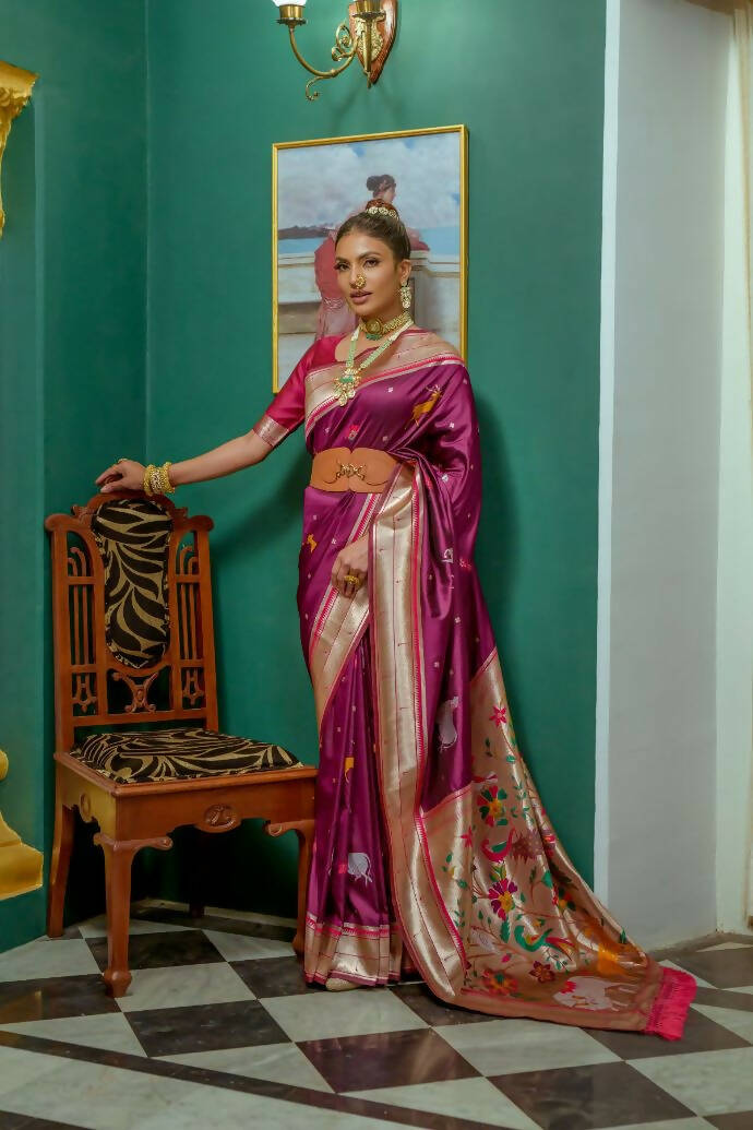 Vishnu Weaves Women's Wine Paithani Silk Zari Woven Grab2Buy with Unstitched Blouse 