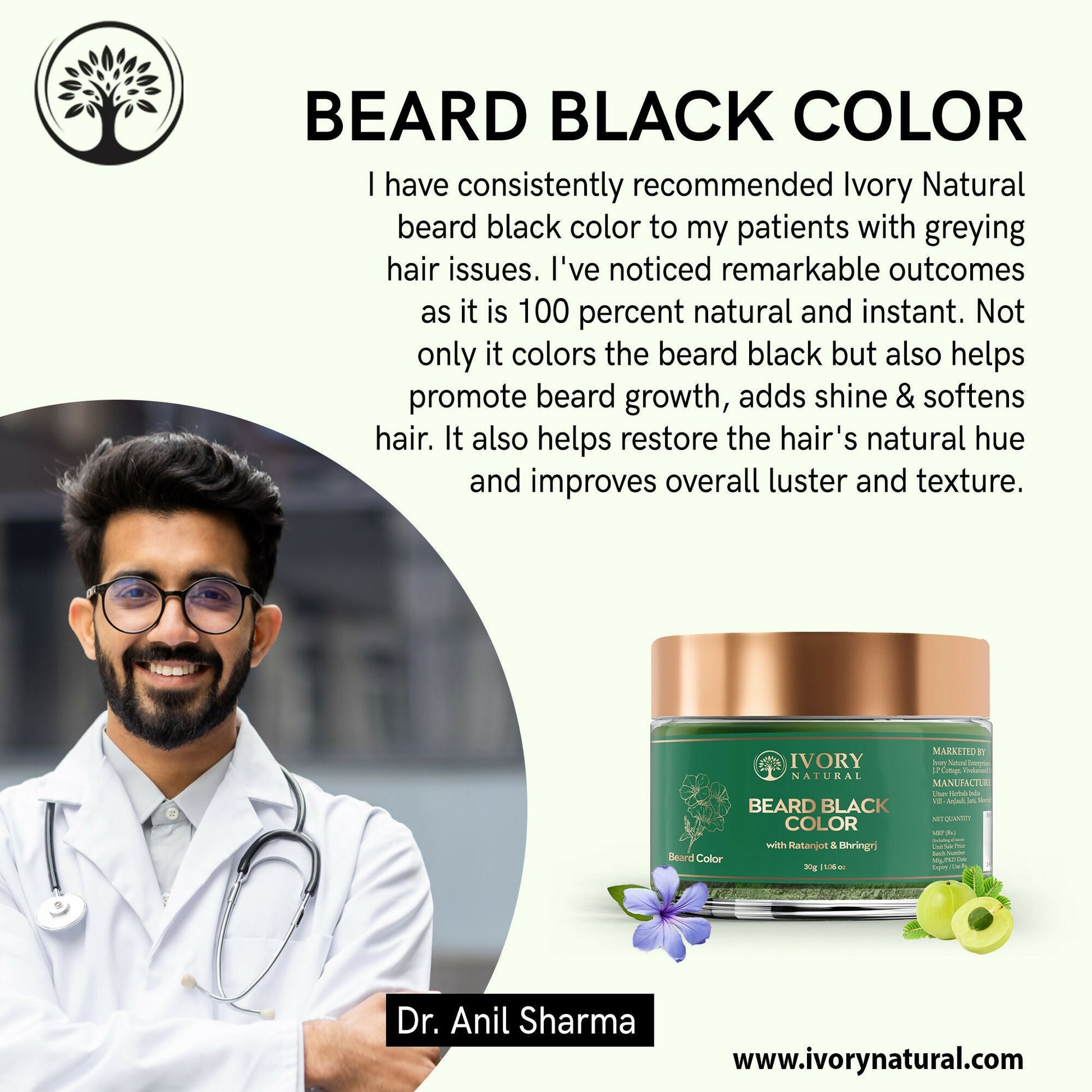 Ivory Natural Beard Black Color Organic - Instant Natural Plant Based Beard Color Powder 