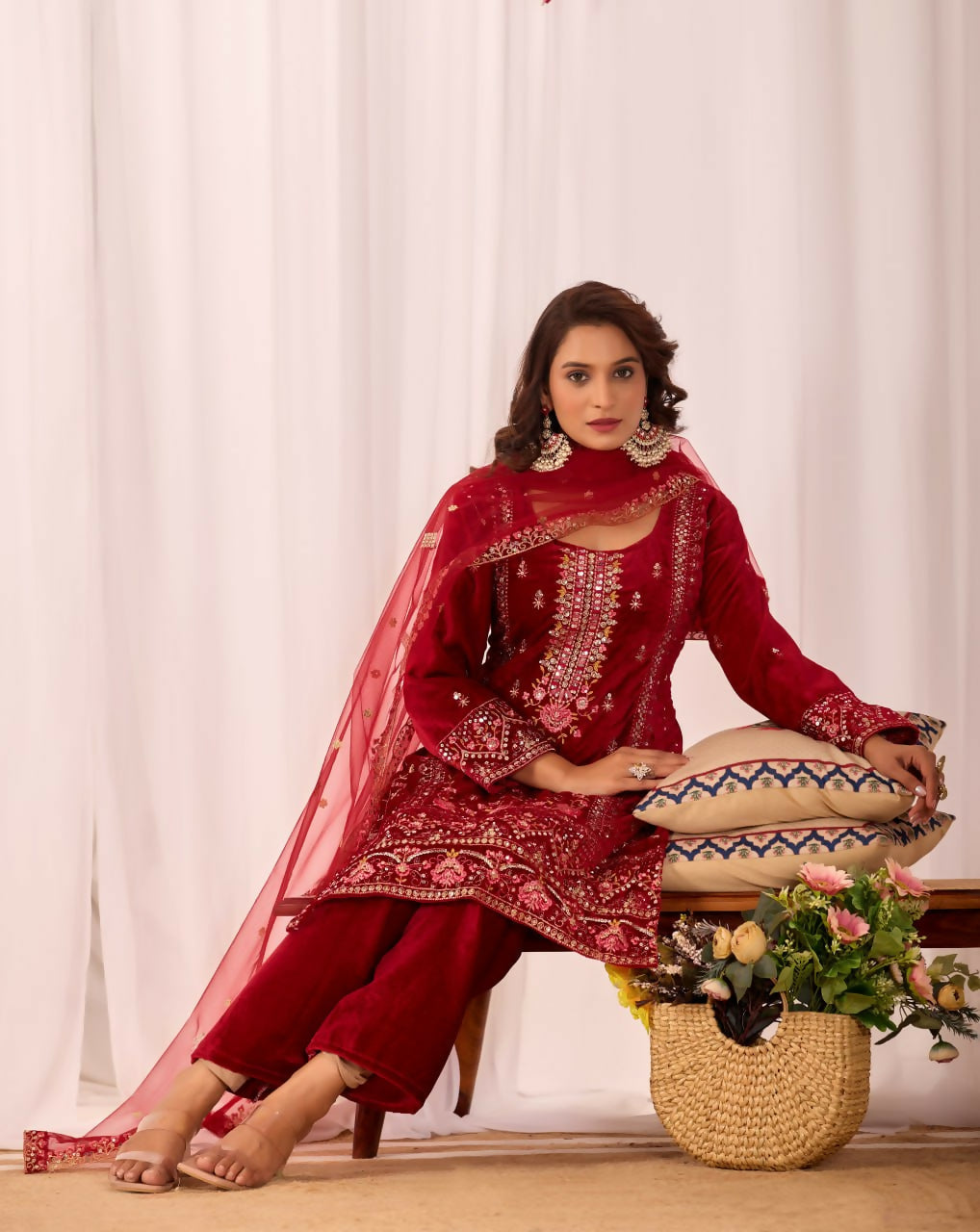 Joban Fashion Red Velvet Embroidery Sequence Work Readymade Kurta Set
