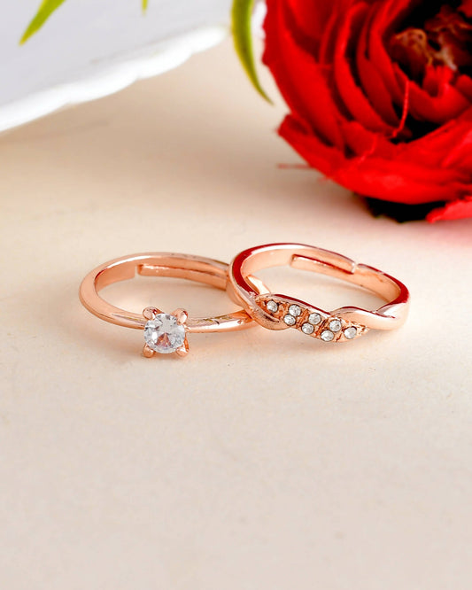 VOJ Stainless Steel Cubic Zirconia Rose Gold-Polished Adjustable Ring Set for Couple 