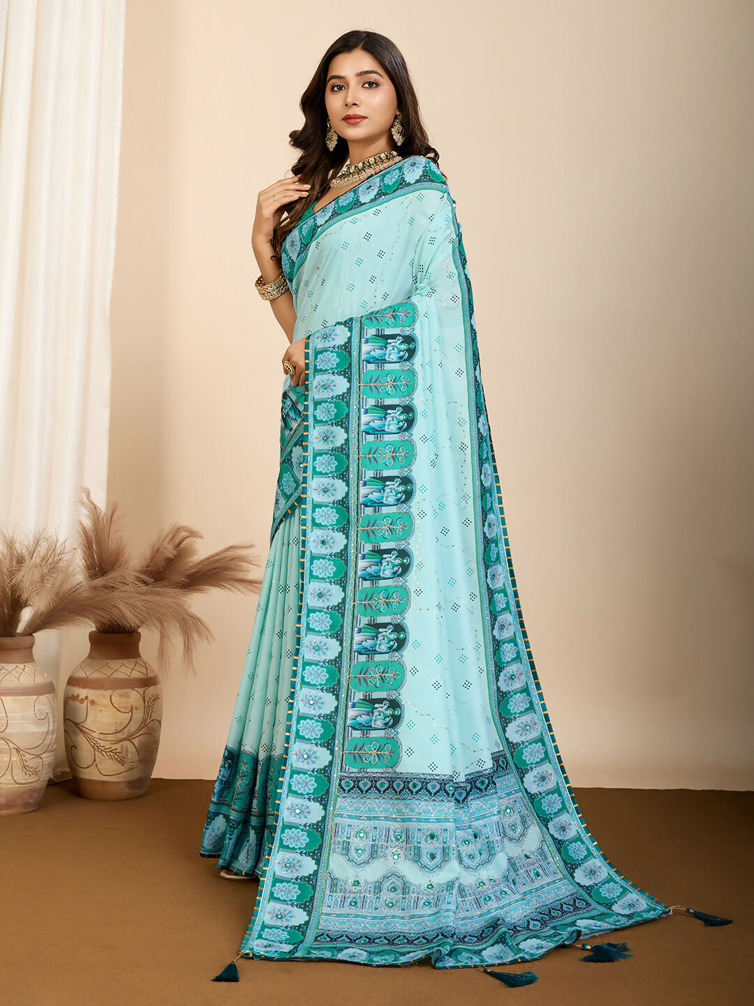 Cyan Muslin Cotton Designer Digital Printed Saree - Lavisha