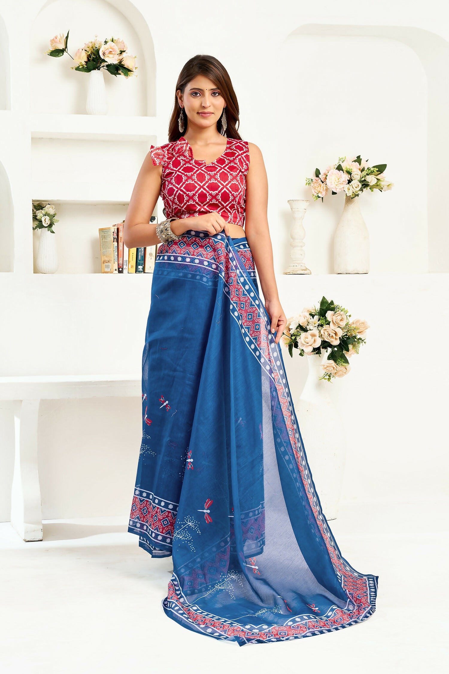 Joban Fashion Navy Blue Kalamkari & Ajrakh Linen Ready To Wear Saree With Unstitched Blouse