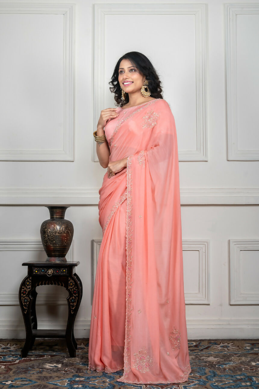 Morchari Peach Chiffon Hand Embroidery Saree And Stitched Blouse