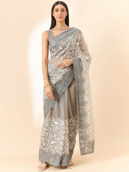 Grey Organza Floral Embroidered Saree with Unstitched Blouse Piece - Roozal