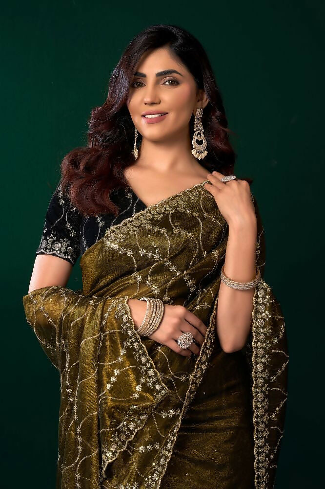 Joban Fashion Mehandi Green Net Party Wear Sarees