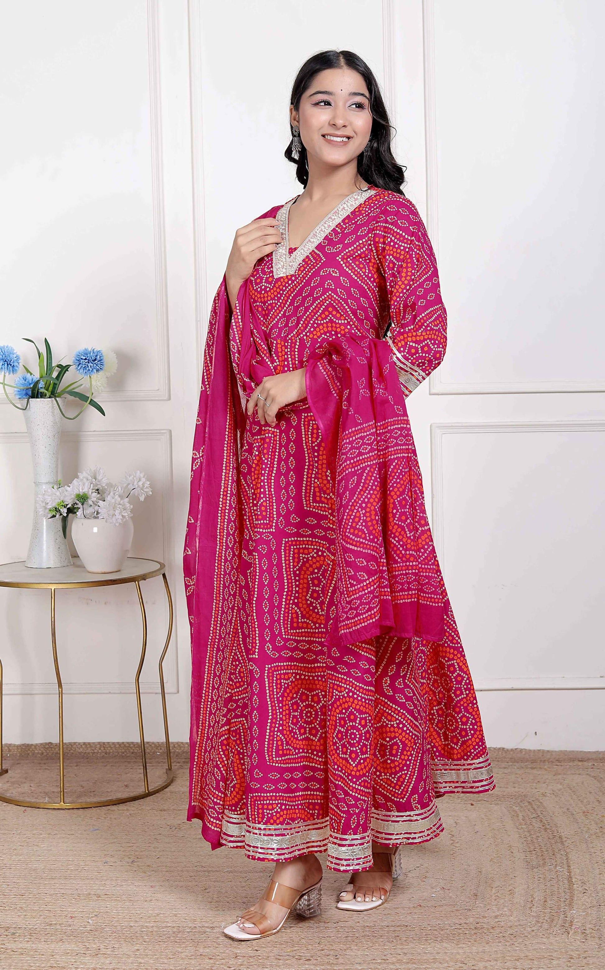 Miravan Women's Bandhani Ethnic Anarkali Kurta and Dupatta