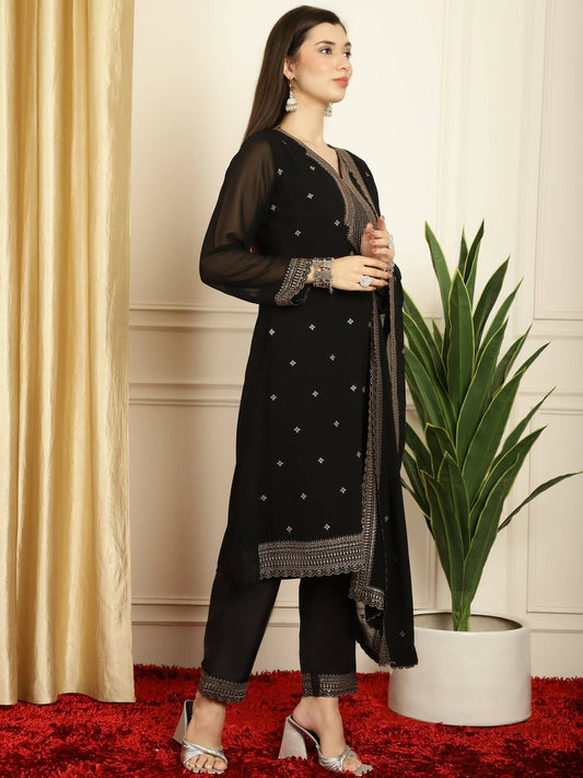 Aastha Fashion Women's Black Georgette Resham Thread & Sequin Kurta with Trouser & Dupatta - Grab2buy