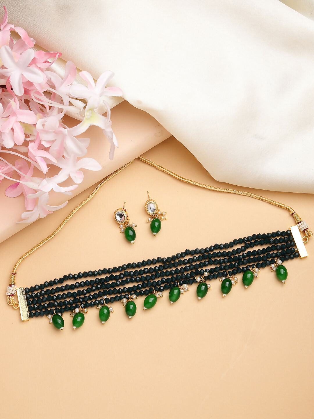 NVR Women's Green Artificial Beads Layered Necklace with Drop Earring NR Retail-NVR