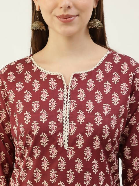 FIORRA Women's Maroon Cotton Straight Kurta Pant With Dupatta 