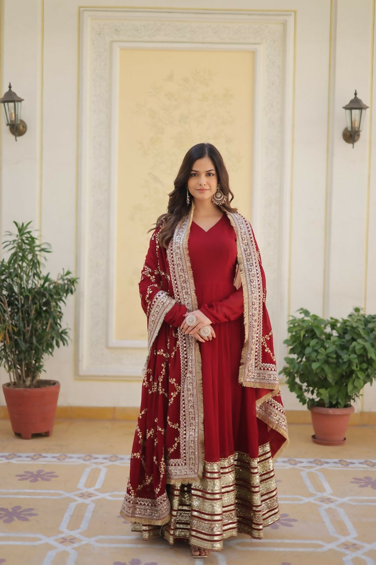 Jyoti Fashion Women's Maroon Faux Blooming Sequins Zari Embroideredy Anarkali Dress with Dupatta | Swadesiicart