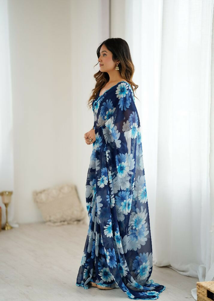 PR Fashion Blue Georgette Printed With Mirror Work Saree