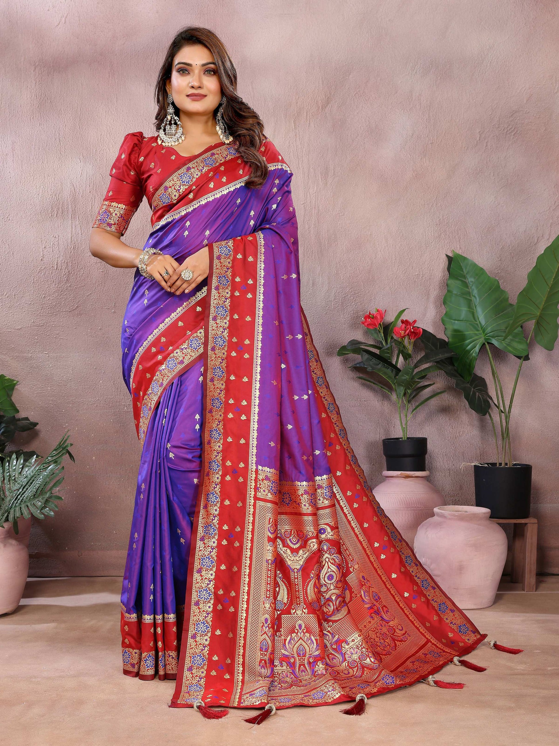 Aastha Fashion Purple Kalamkari Silk Zari Woven Saree