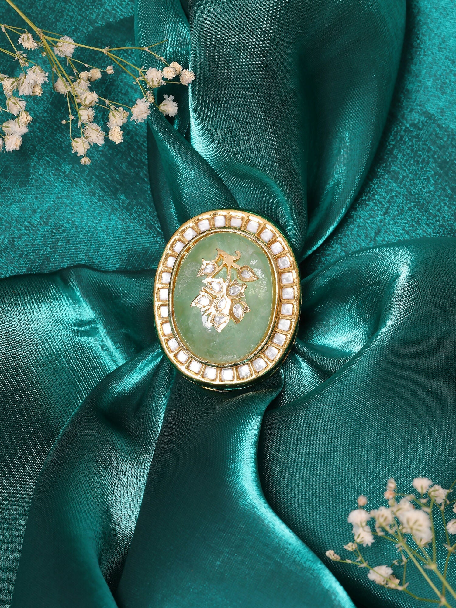 Ruby Raang Gold Polished Green Kundan And Stone Ring | Swadesiicart