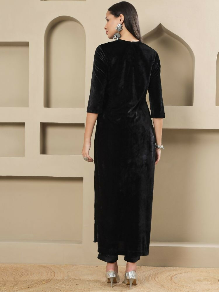 Joban Fashion Women Black Velvet Hand Embellishment Stitched Kurta Set