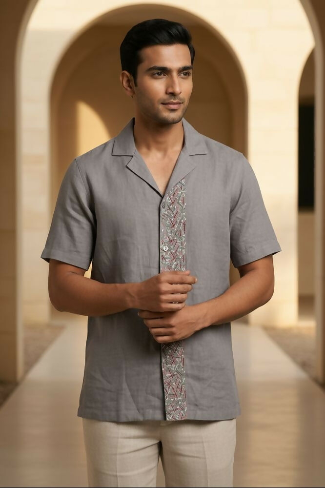 Driftstone — Grey Embroidered Linen Shirt by Hilo Design