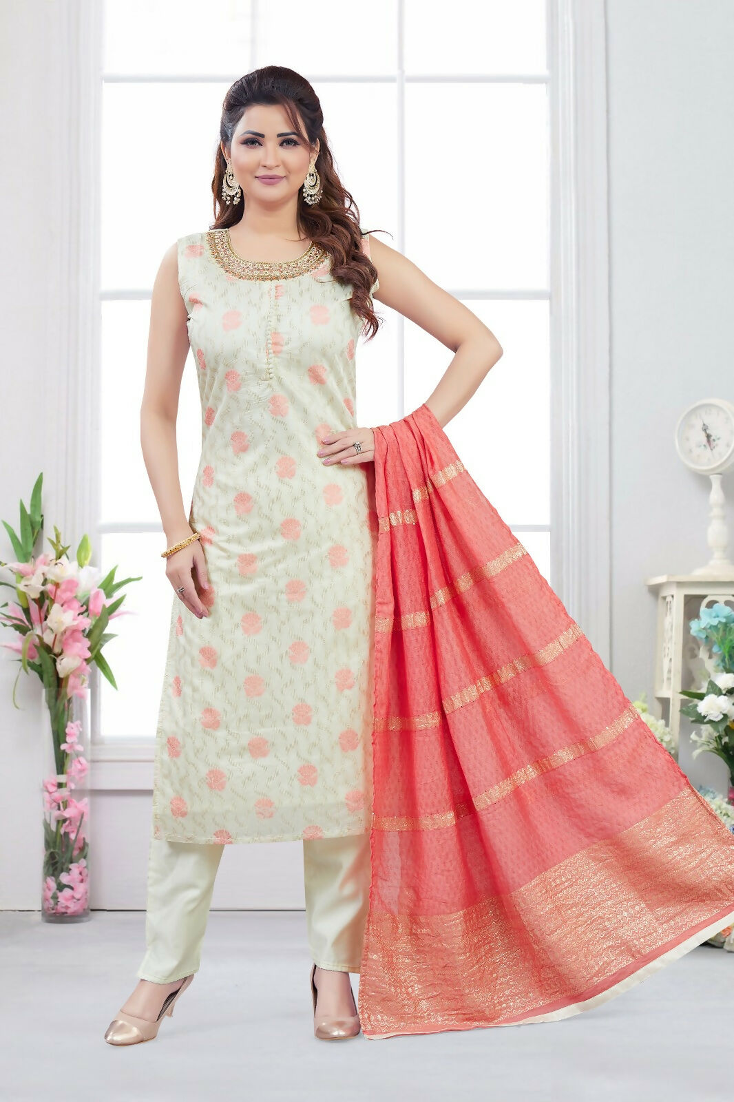 Joban Fashion Jacquard Cream Color Kurta Set