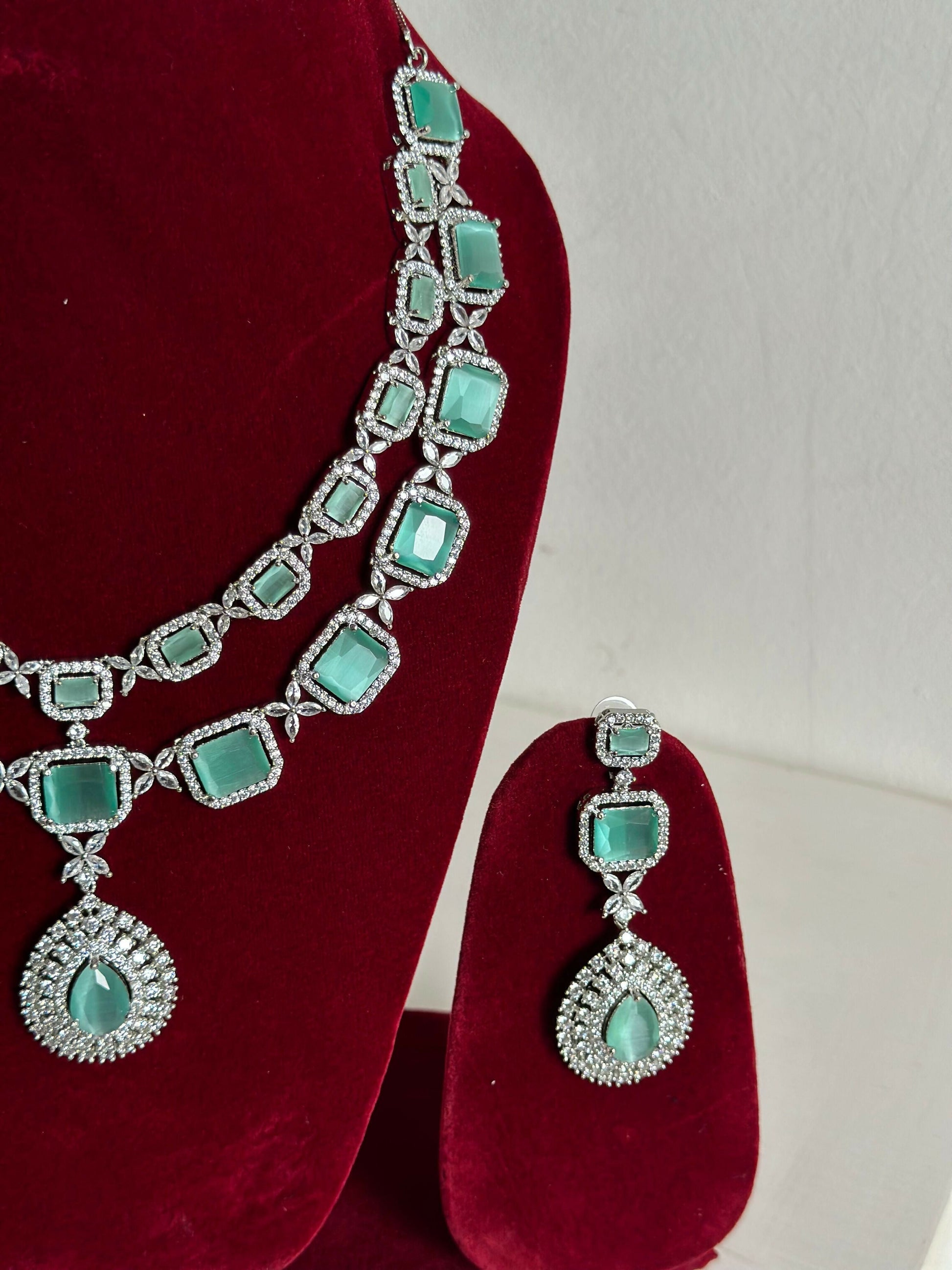 Mint Green American Diamond Two Layer Elegent Necklace Set With Earrings By House of Ree House of Ree