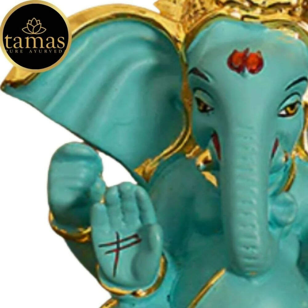 Tamas Gold-Polished Gaj Karna Ganesh Idol Flora Blue & Gold Color 