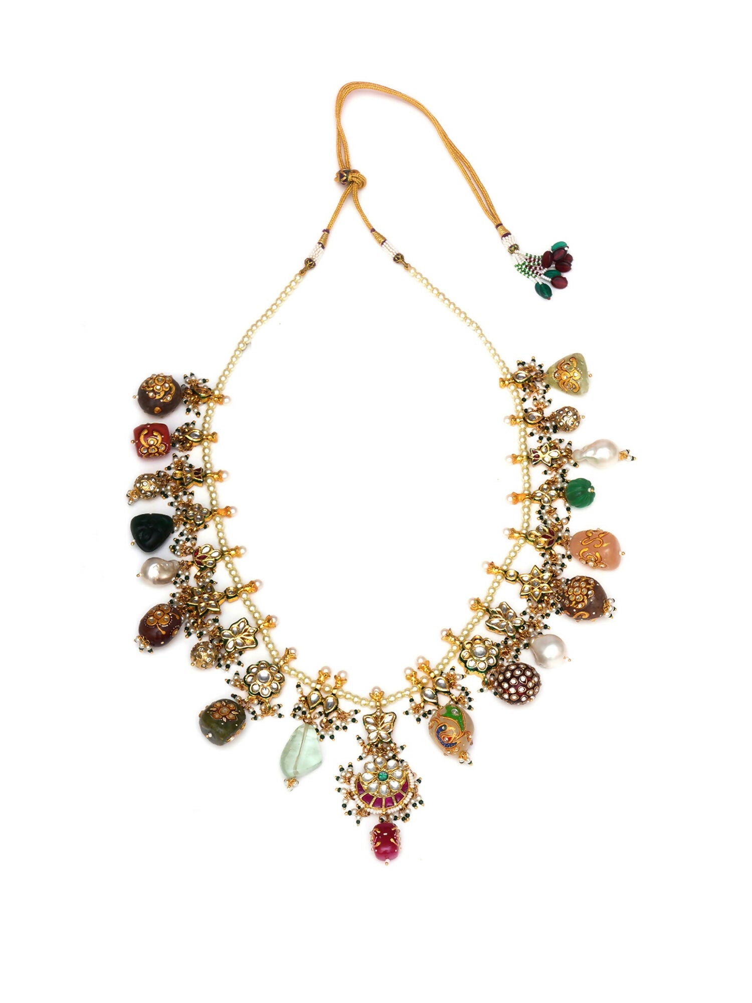 Long Kundan Neckpiece with Earrings with Multi Stones Jewellery Set (Gold) - Ruby Raang - Grab2buy